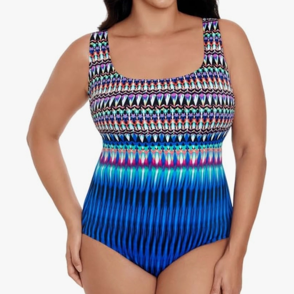 NWT Swim Solutions Printed One-Piece Swimsuit Blue Multi (Size:12)